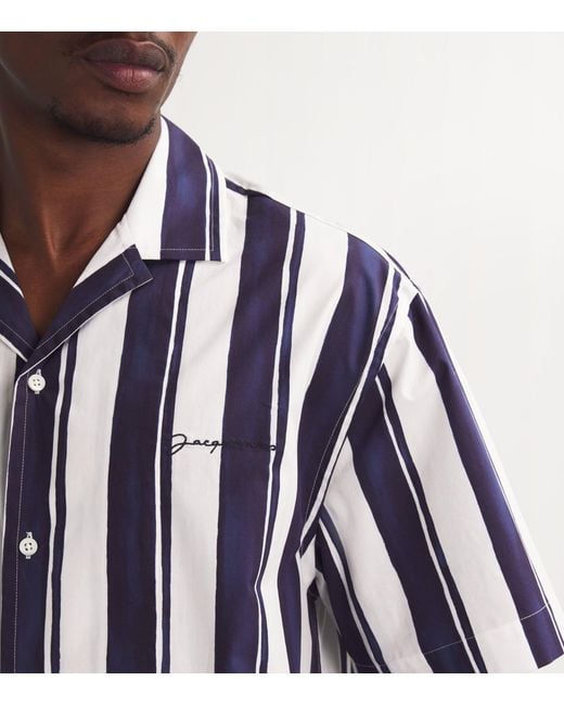 Jacquemus Blue Cotton Striped Bowling Shirt for men
