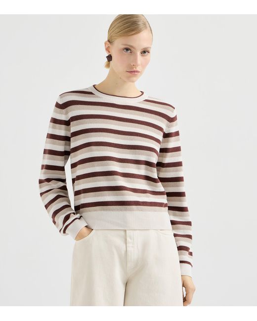 Brunello Cucinelli White Cotton Stripe Sweater