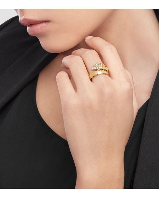 BVLGARI Metallic Yellow Gold And Diamond Serpenti Scaglie Ring