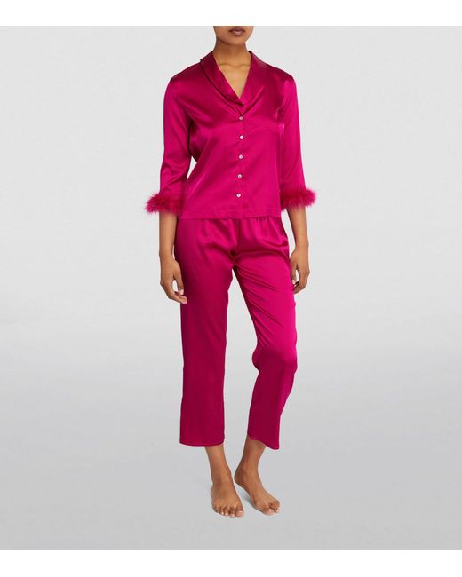 Gilda & Pearl Pink Silk Feather-trim Kitty Pyjama Set