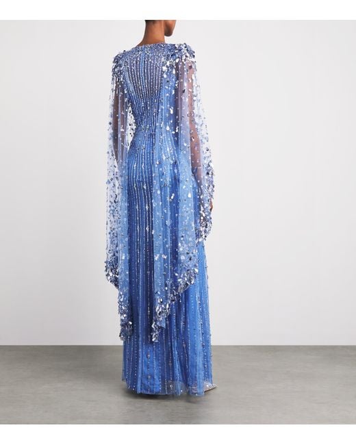 Jenny Packham Blue Embellished Blaize Cape Gown