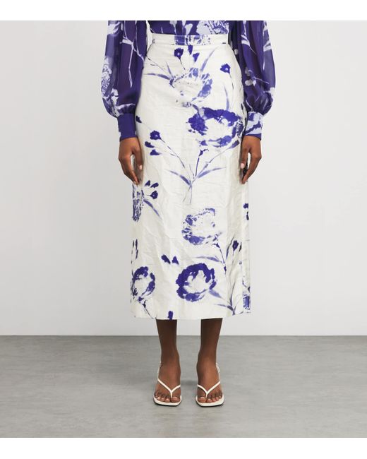 Erdem White Satin Floral Midi Skirt