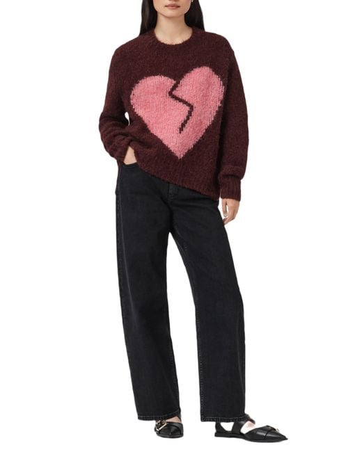 AllSaints Red Wool-Blend Luv Heart Crewneck Sweater