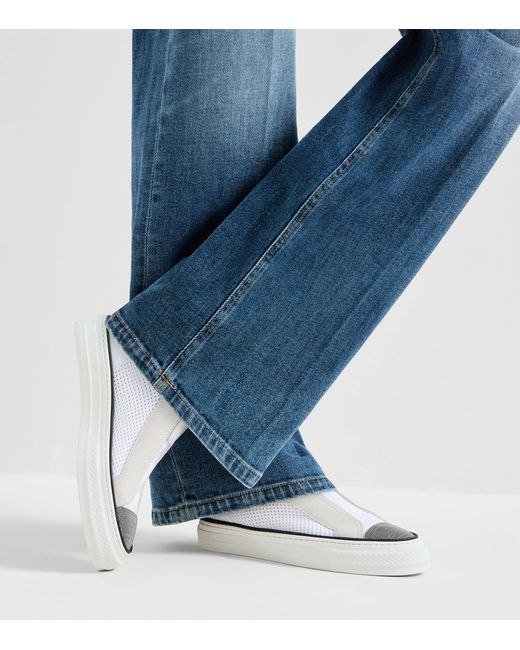 Brunello Cucinelli White Knitted Suede-Trim Sneakers