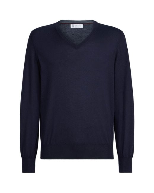 Brunello Cucinelli Blue Cashmere-Silk V-Neck Sweater for men