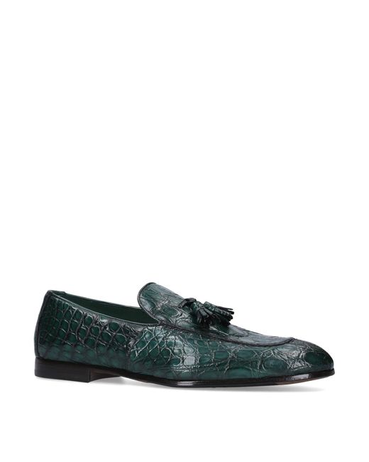 Doucal's Green Crocodile Leather Tassel Loafers for men