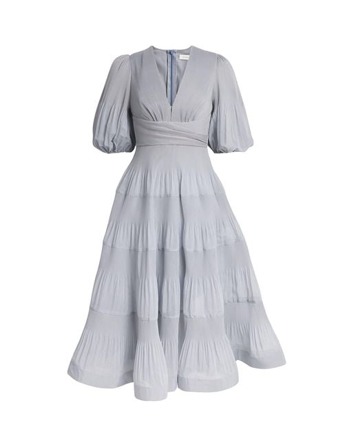 Zimmermann Gray Pleated Plunge-Neck Midi Dress