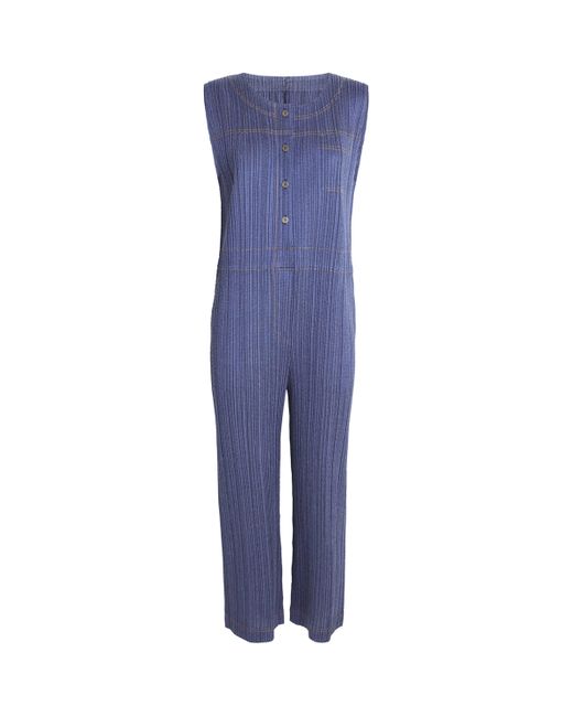 Pleats Please Issey Miyake Blue Short-Sleeve Cotton Denim Jumpsuit