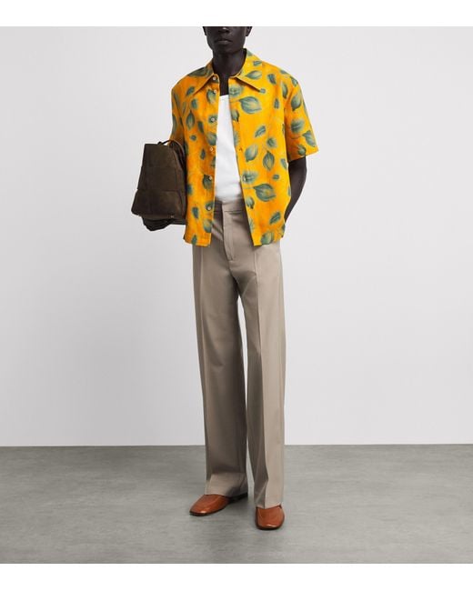 Séfr Yellow Linen Leaf Print Dayot Shirt for men