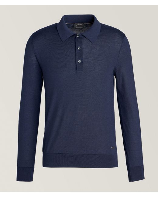 Brioni Blue Cashmere-Silk Long Sleeve Knit Polo for men