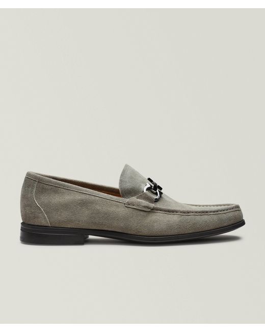 Ferragamo Gray Grandioso Double Gancini Suede Loafers for men