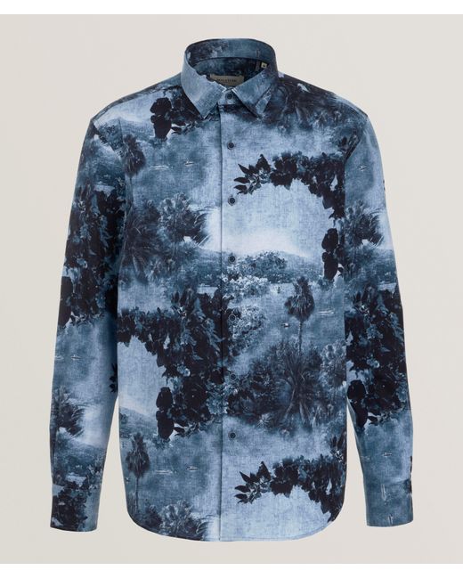 Bugatchi Blue Scenic Tropical Stretch-Cotton Shirt for men