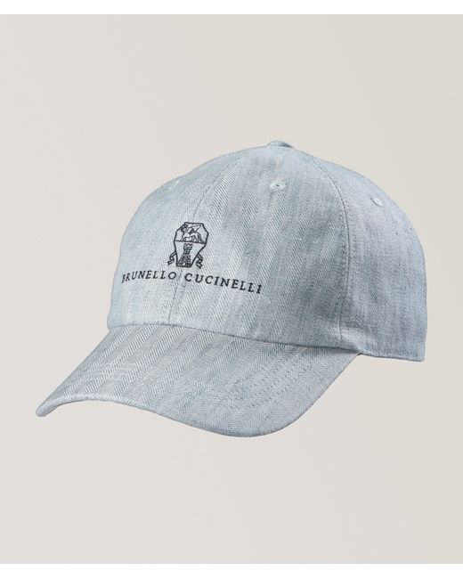 Brunello Cucinelli Blue Logo Script Linen Baseball Cap