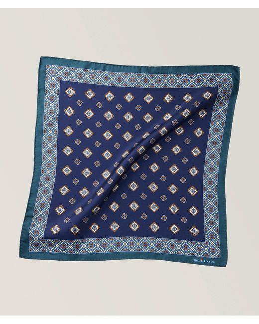 Kiton Blue Micro-Mosaic Border Silk Pocket Square