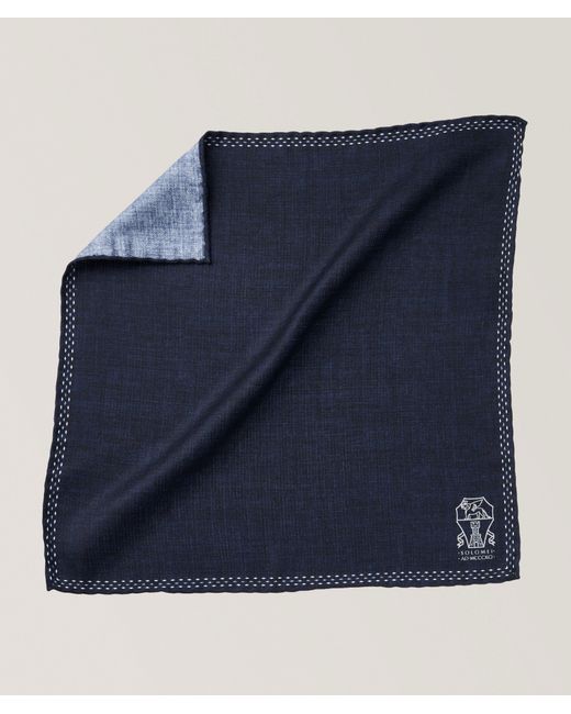 Brunello Cucinelli Blue Printed Logo Silk Pocket Square