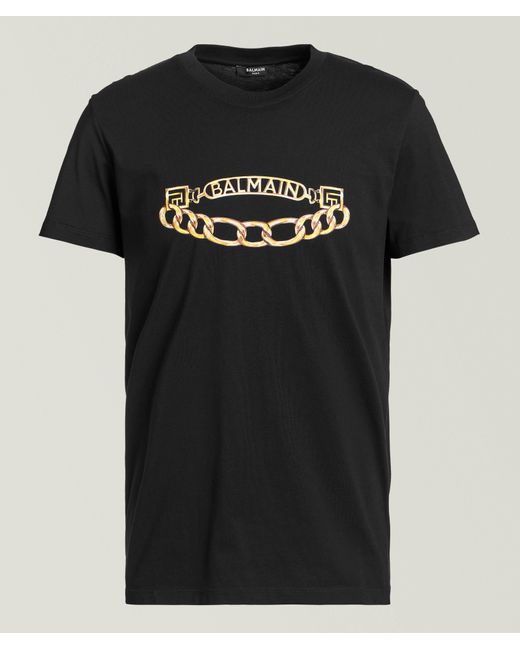 Balmain Black Chain Logo Graphic Cotton T-Shirt for men