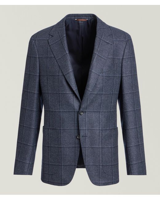 Canali Blue Kei Windowpane Wool-Silk Sport Jacket for men
