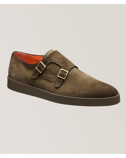 Santoni Brown Atlantis Suede Double-Monk Strap Shoes for men