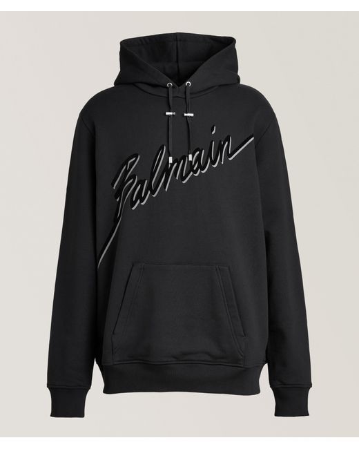 Balmain Black Flocked Cursive Logo Hooded Sweater for men