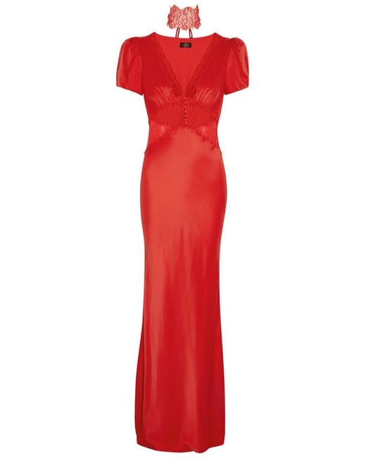 De La Vali Red Pavlova Lace And Satin Maxi Dress