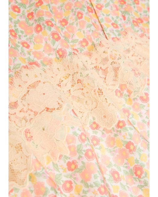 Rixo Natural Rosamarie Floral-Print Satin Midi Dress