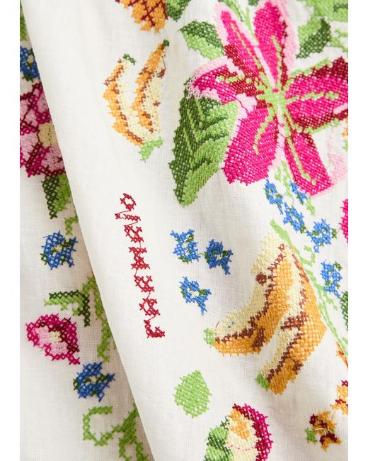 Farm Rio White Tropical Romance Floral-Embroidered Linen-Blend Midi Dress
