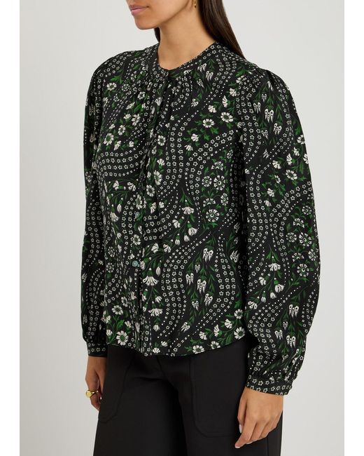 Veronica Beard Black Ashlynn Floral Stretch-Silk Blouse
