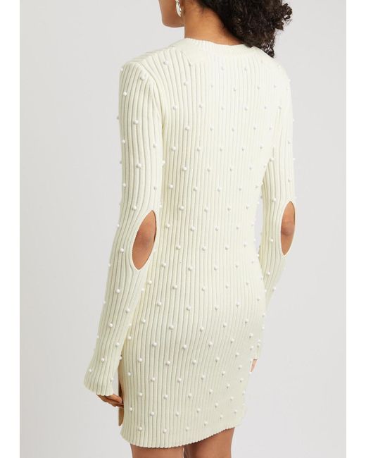 Helmut Lang White Bead-Embellished Ribbed Cotton-Blend Dress