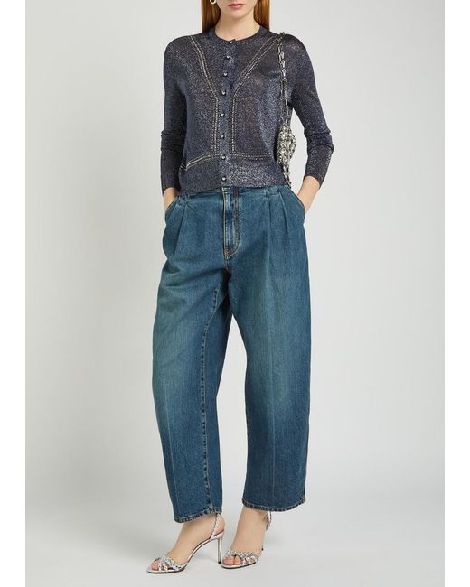 Rabanne Blue Embellished Metallic-Knit Cardigan