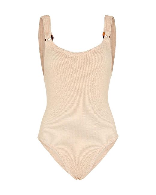 Hunza G Natural Domino Seersucker Swimsuit, Scoop-Neck, Hand Wash, Domino Swimsuit