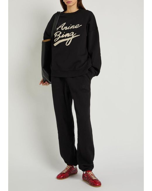 Anine Bing Black Karter Logo-Embroidered Cotton Sweatpants