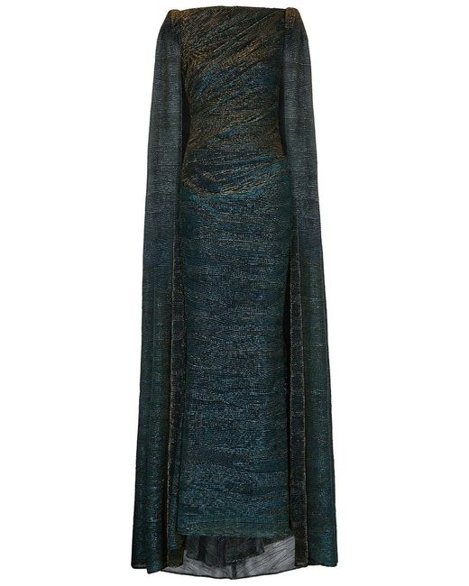 Talbot Runhof Green Metallic-Weave Cape-Effect Gown