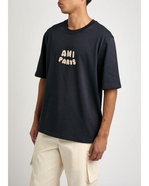 AMI Blue Logo-Appliqué Cotton T-Shirt for men