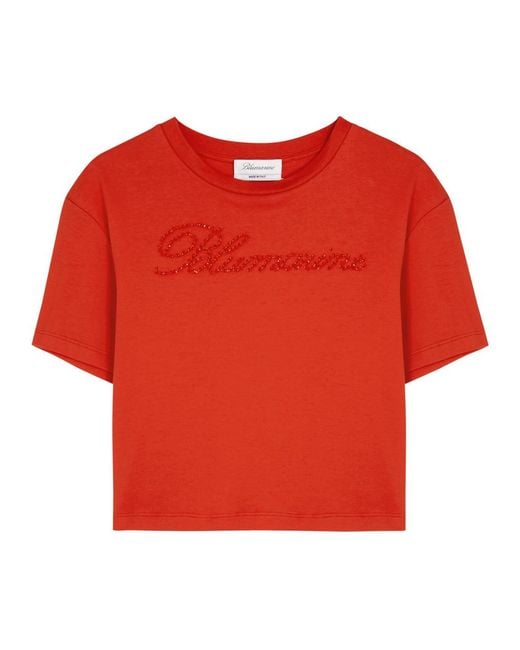 Blumarine Red Logo-Embellished Cotton T-Shirt