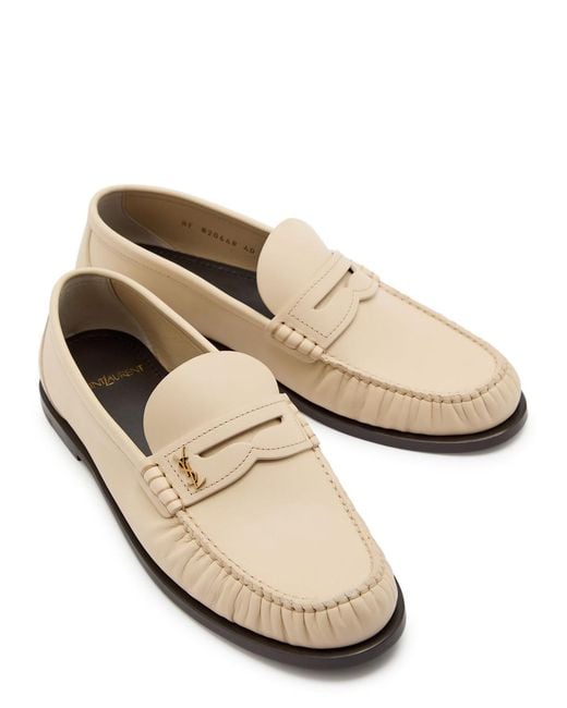 Saint Laurent Natural Logo-Plaque Leather Loafers