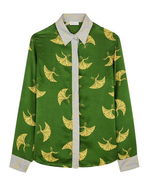 Dries Van Noten Green Chevy Printed Silk-Blend Satin Shirt