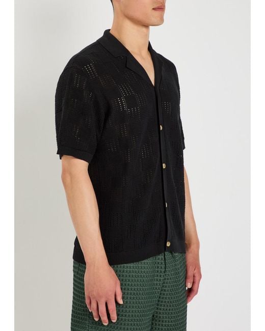 Les Deux Black Checked-Weave Cotton-Knit Shirt for men