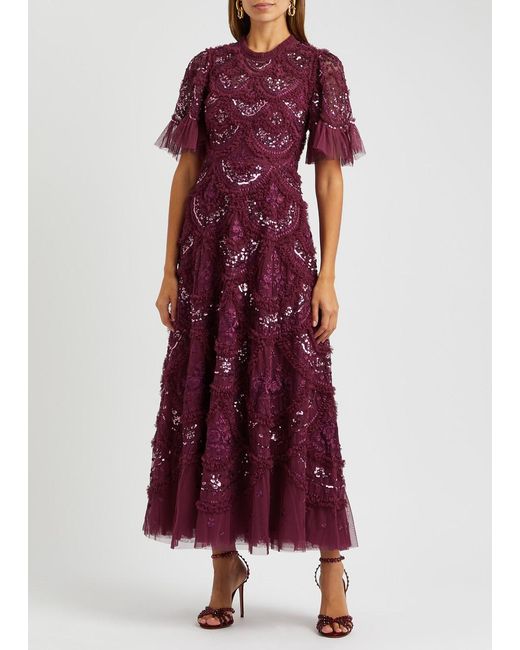Needle & Thread Purple Carmen Sequin-embellished Tulle Gown
