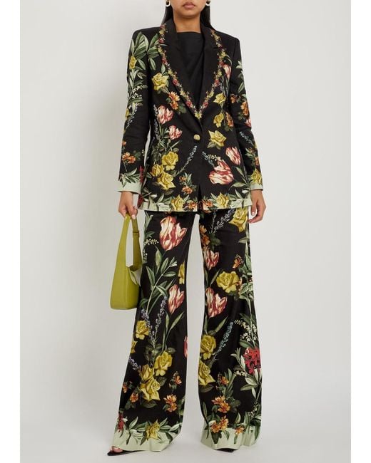 Alice + Olivia Black Denny Floral-Print Linen-Blend Blazer