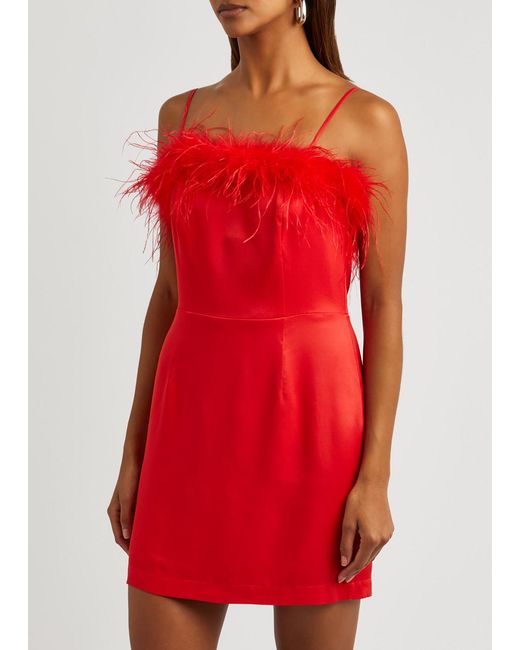 Kitri Red Nola Feather-trimmed Satin Mini Dress