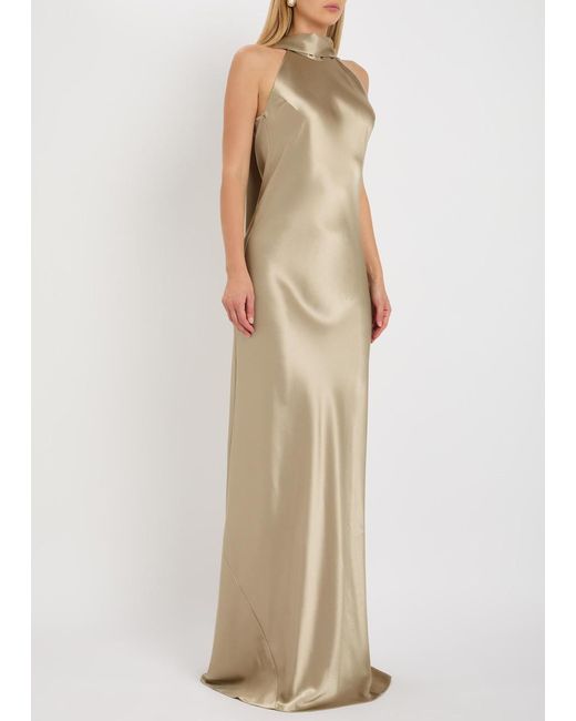 Galvan Natural Sienna Scarf-Neck Satin Gown