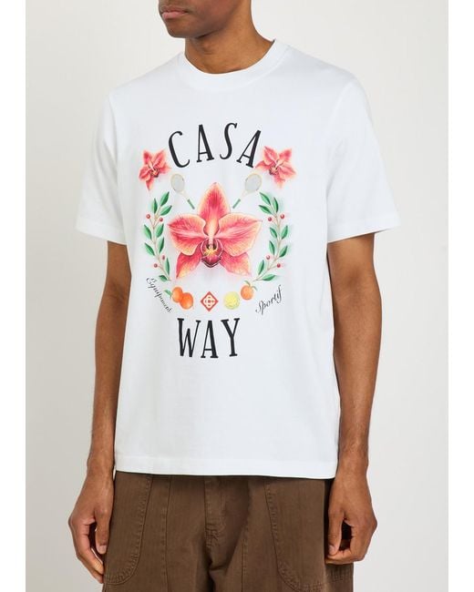 Casablanca White Casa Way Orchid Printed Cotton T-Shirt for men