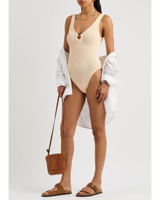 Hunza G White Celine Cut-Out Seersucker Swimsuit, V-Neck, Cut-Out Ring Detail, Machine Wash, Swimsuits