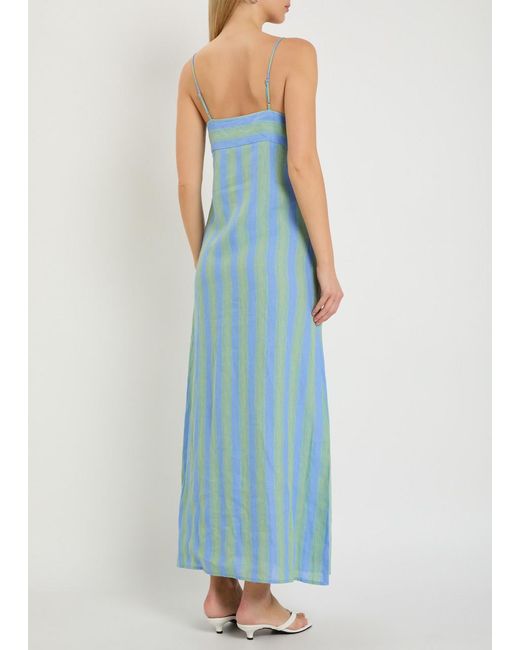 Staud Blue Laura Striped Linen Midi Dress