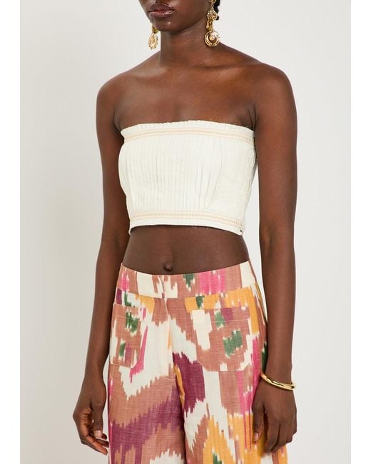 Emporio Sirenuse Natural Flavia Pleated Cotton-Blend Bandeau Top