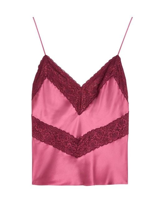 LoveShackFancy Pink Brimsley Lace-Trim Silk Camisole Top