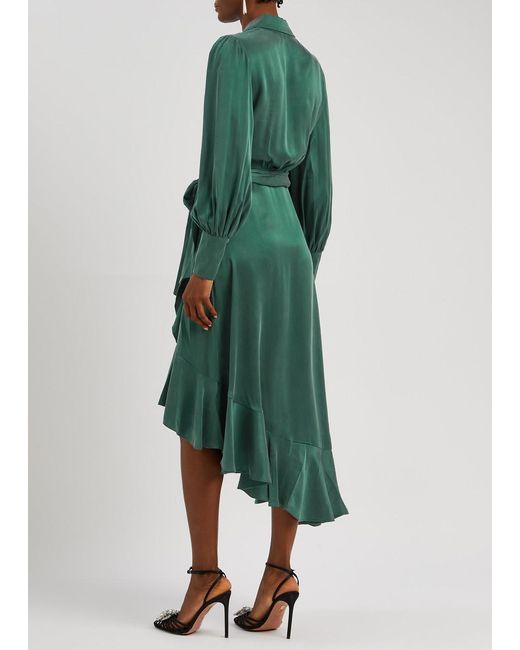 Zimmermann Green Ruffled Silk-satin Midi Wrap Dress