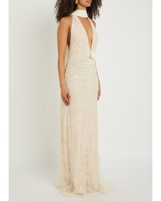 De La Vali White Amora Scarf-Effect Lace Gown