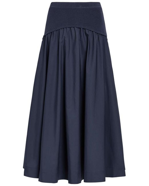 Jonathan Simkhai Blue Ovie Knit-Waist Cotton-Poplin Midi Skirt
