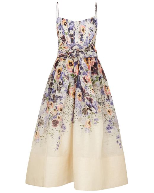 Zimmermann Tama Floral-print Linen-blend Midi Dress in Natural | Lyst